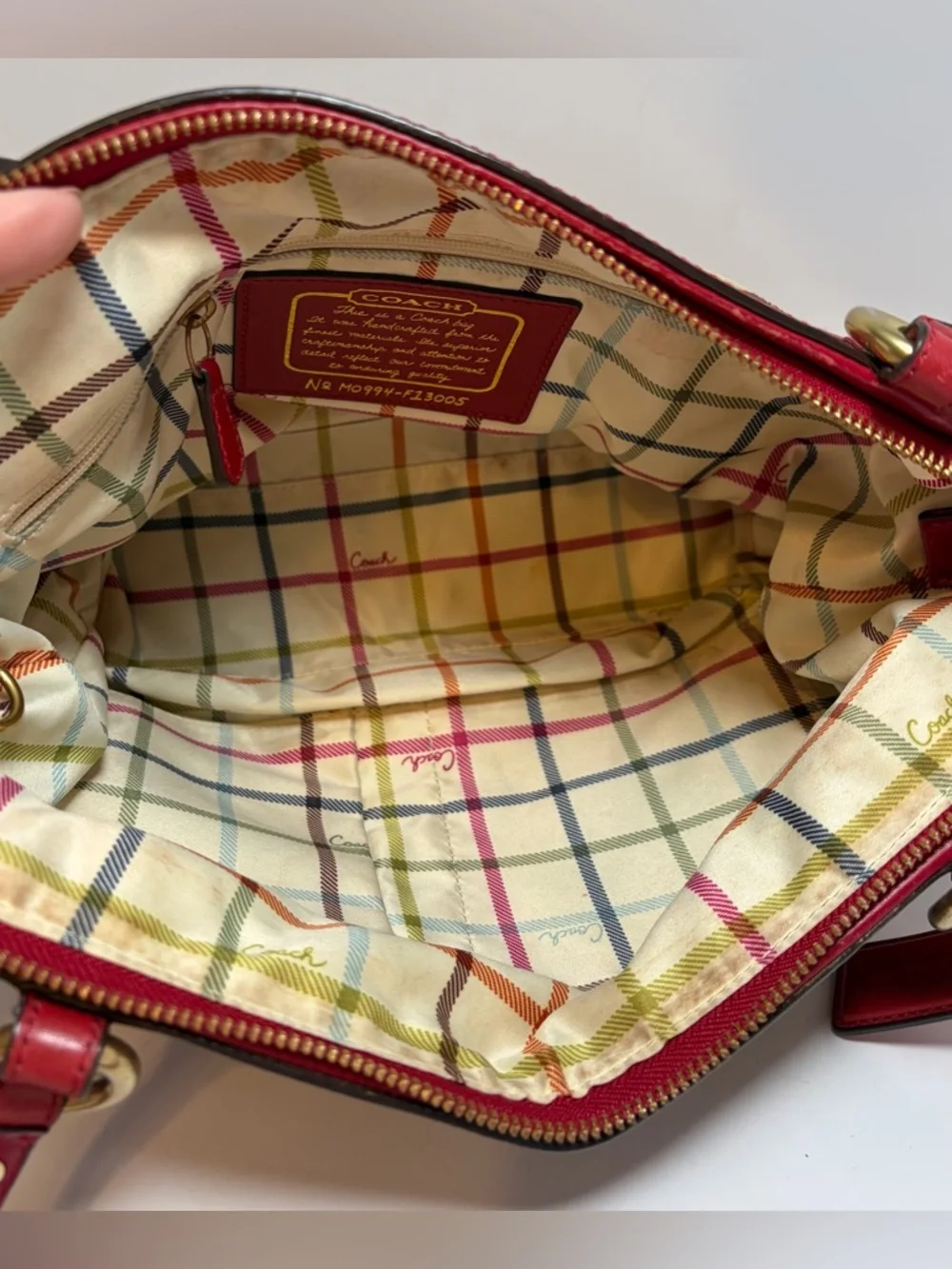 Coach Red Leather & Signature Print Tote with Plaid Interior #13005